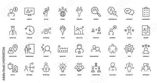 people hiring process collection line icons, passive industry relocation onboarding