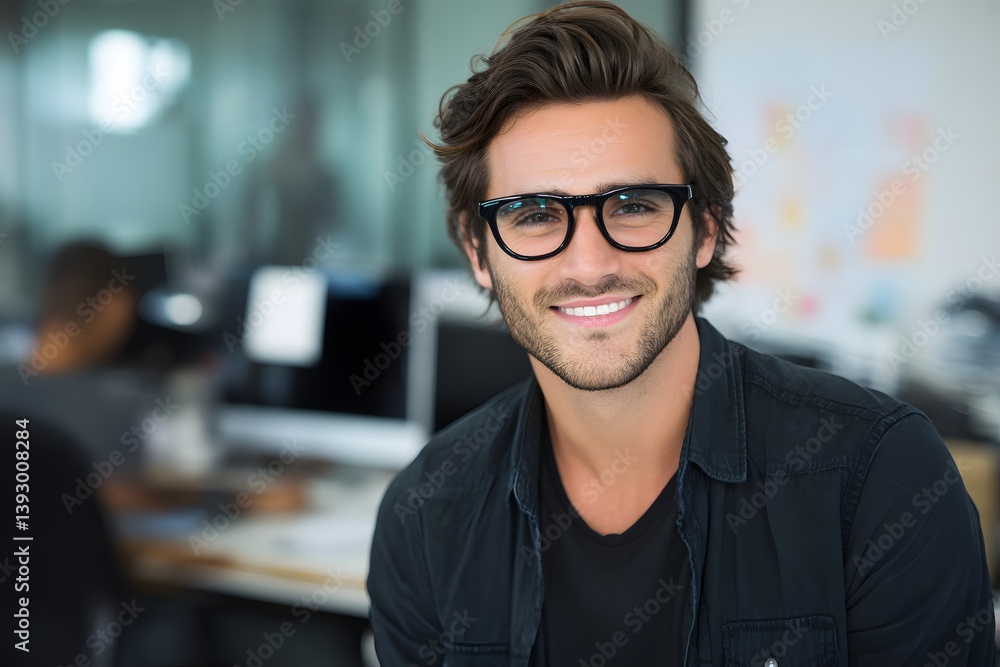 A smiling man in glasses in an office environment A smiling man in glasses in an office environment