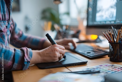 a person works as graphic design or a creative artist at their desk. The person uses a stylus and graphic tablet and computer to bring imagination into reality