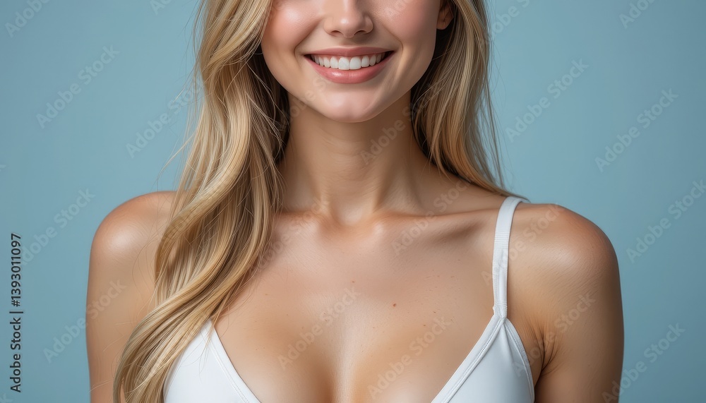 Obraz premium Woman Smiling with Healthy Skin and Teeth Wearing White Top Close Up