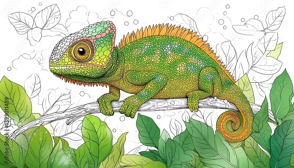 Obraz premium A colorful chameleon perched on a branch surrounded by foliage