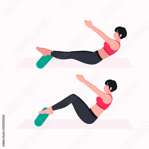 Foam Roller Workout. women exercise vector set. Women doing fitness and yoga exercises.