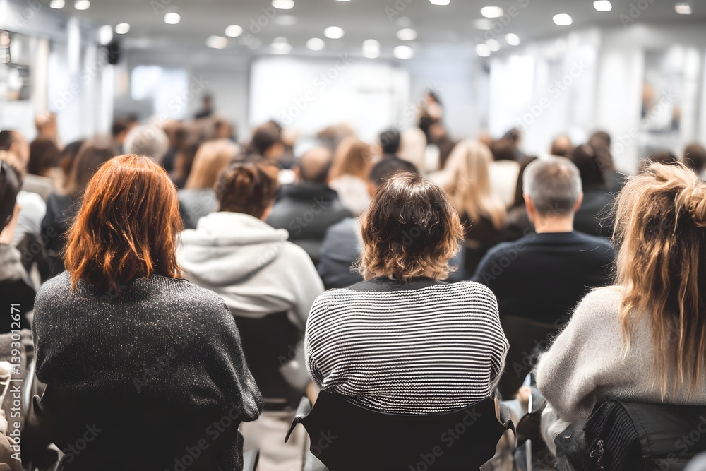 Fototapeta premium Audience in a presentation at a conference or seminar. The image portrays a group of individuals attentively watching a presentation