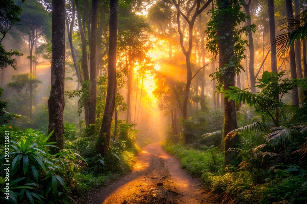 Obraz premium A narrow jungle path at dusk, soft light filtering through tall trees, warm hues of the sunset, mist covering the ground 