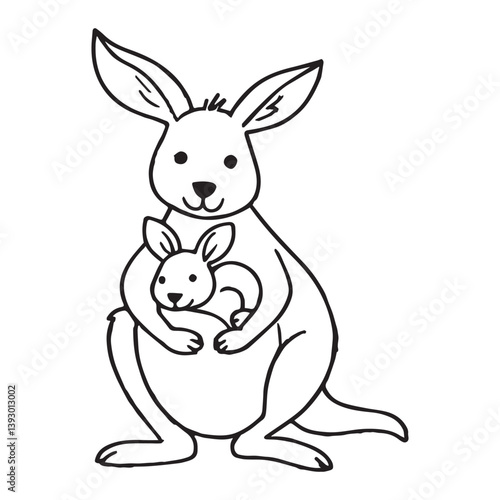 A vector illustration of a happy kangaroo holding a baby kangaroo in its pouch. The kangaroo has thick, black outlines and is drawn in a simple, but engaging style.