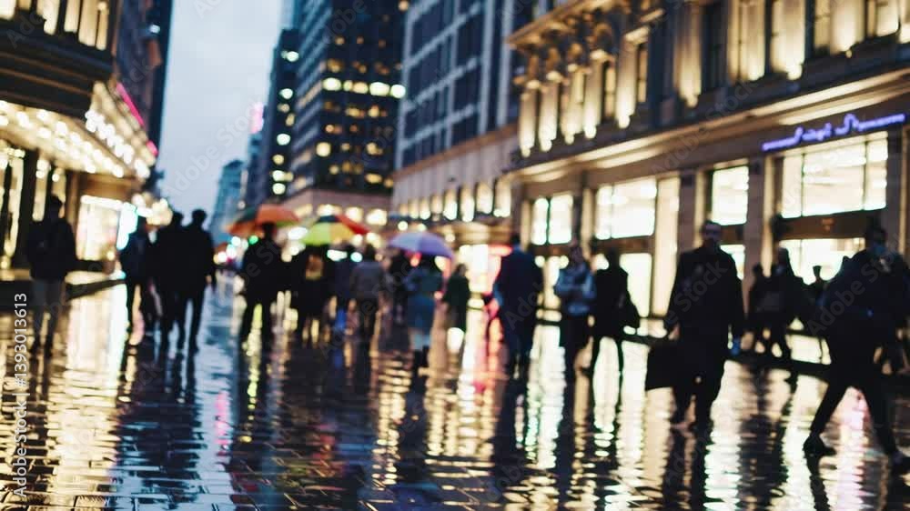 Colorful Umbrellas on a Rainy Street in a Vibrant Cityscape at Night with Reflections on Wet Pavement Colorful Umbrellas on a Rainy Street in a Vibrant Cityscape at Night with Reflections on Wet Pavement