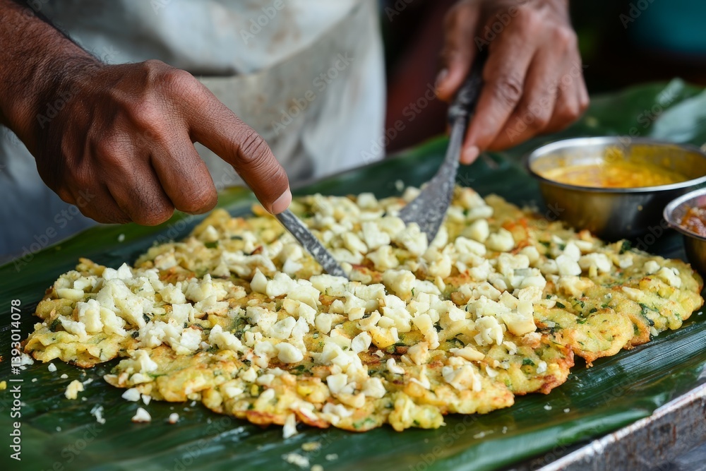 Hands holding tongs over large green banana leaf, preparing Bonda, deep-fried veg fritter. Concept of vibrant Bonda creation with dipping sauces, herbs, vegetables. Hands holding tongs over large green banana leaf, preparing Bonda, deep-fried veg fritter. Concept of vibrant Bonda creation with dipping sauces, herbs, vegetables.