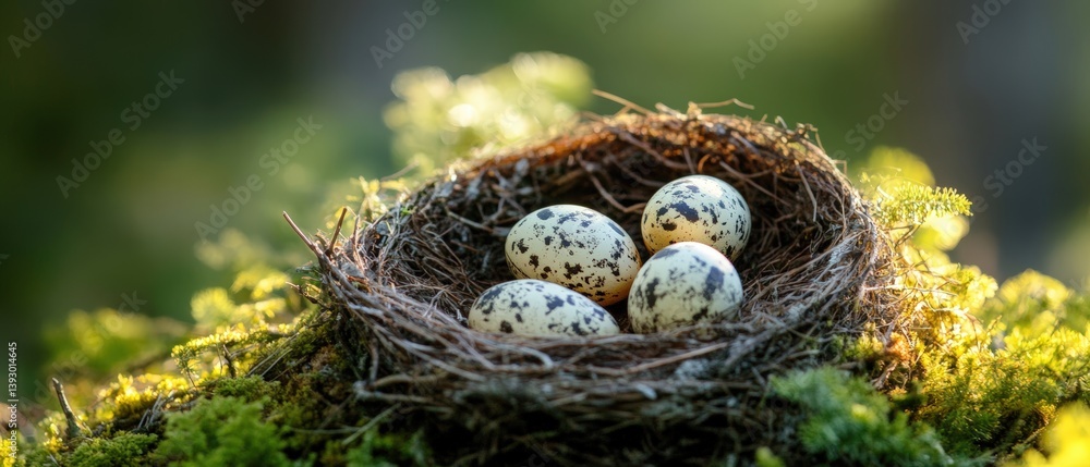 A Serene Bird's Nest with Beautiful Speckled Eggs in Nature A Serene Bird's Nest with Beautiful Speckled Eggs in Nature