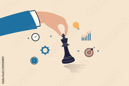 Strategic planning, tactic or strategy to win business competition, marketing analysis or challenge to achieve target, decision based on information concept, businessman hand on strategic chess king.