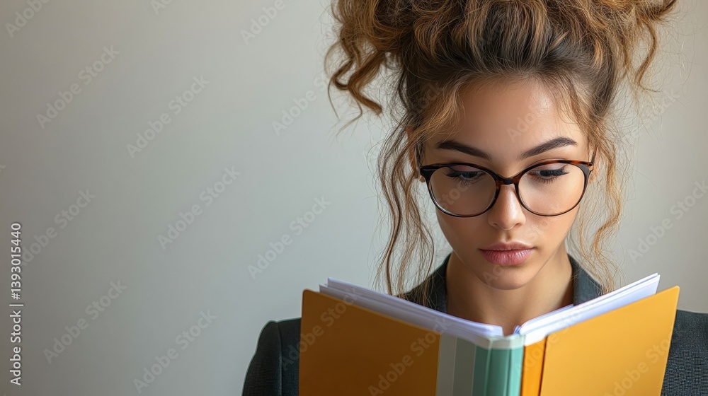 Thoughtful Young Woman Reading a Book with Curly Hair Thoughtful Young Woman Reading a Book with Curly Hair