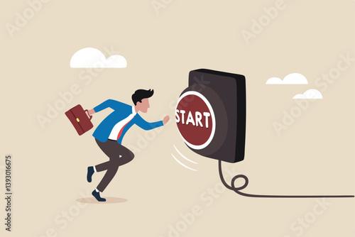 Push start button to start new business, entrepreneur to begin new company, startup to launch project, opportunity, decision to make or motivation concept, businessman run to push red start button.