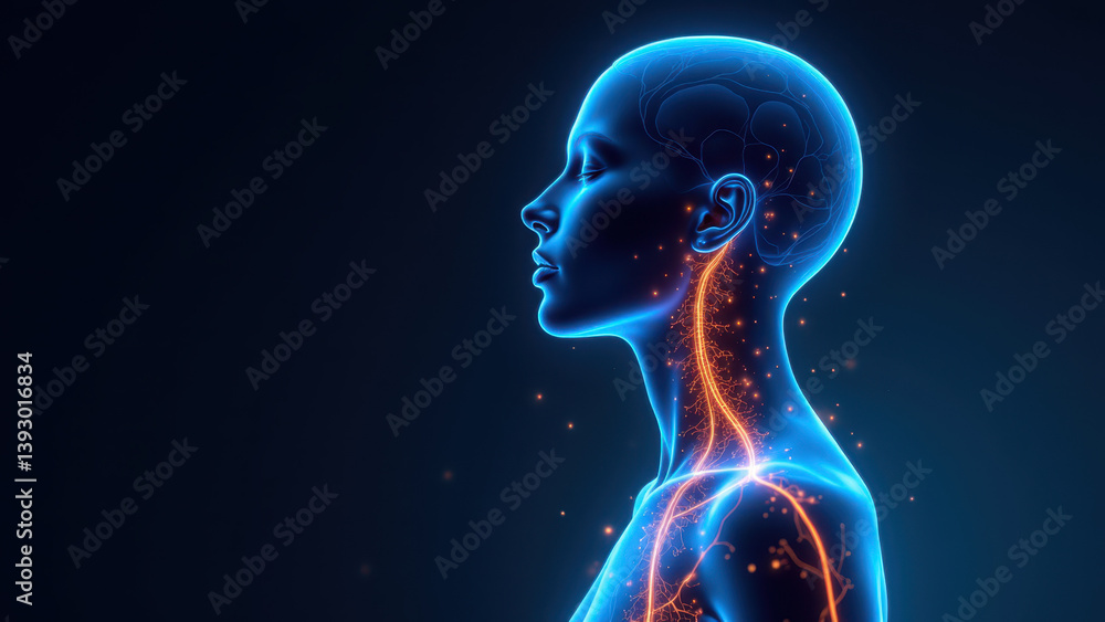 VNS - Vagus Nerve Stimulation concept with glowing blue human form against dark background. VNS - Vagus Nerve Stimulation concept with glowing blue human form against dark background.