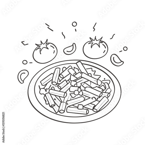 Vector penne pasta with tomato and herbs on plate in clean black line art style with floating ingredients