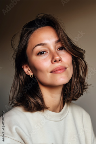 Wallpaper Mural Close-up portrait of confident woman with natural makeup and wavy brown hair in studio light Torontodigital.ca