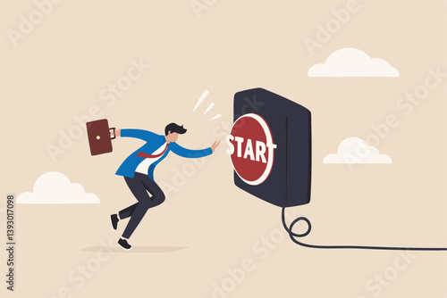 Push start button to start new business, entrepreneur to begin new company, startup to launch project, opportunity, decision to make or motivation concept, businessman run to push red start button.