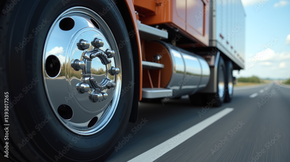 Close-up macro shot of a polished chrome wheel and large tire of a heavy-duty semi-truck, reflecting the highway environment, detailed texture, power and industry concept Close-up macro shot of a polished chrome wheel and large tire of a heavy-duty semi-truck, reflecting the highway environment, detailed texture, power and industry concept