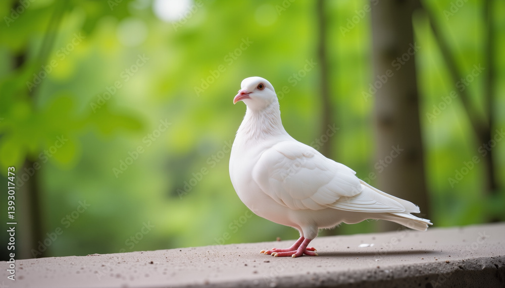 Elegant white pigeon standing peacefully on stone in city park, tranquility Elegant white pigeon standing peacefully on stone in city park, tranquility