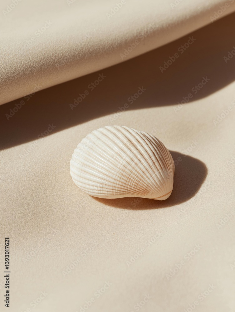 Close-up of a single seashell on a beige background. the seashell is white with thin, striped lines running horizontally across its surface. Close-up of a single seashell on a beige background. the seashell is white with thin, striped lines running horizontally across its surface.