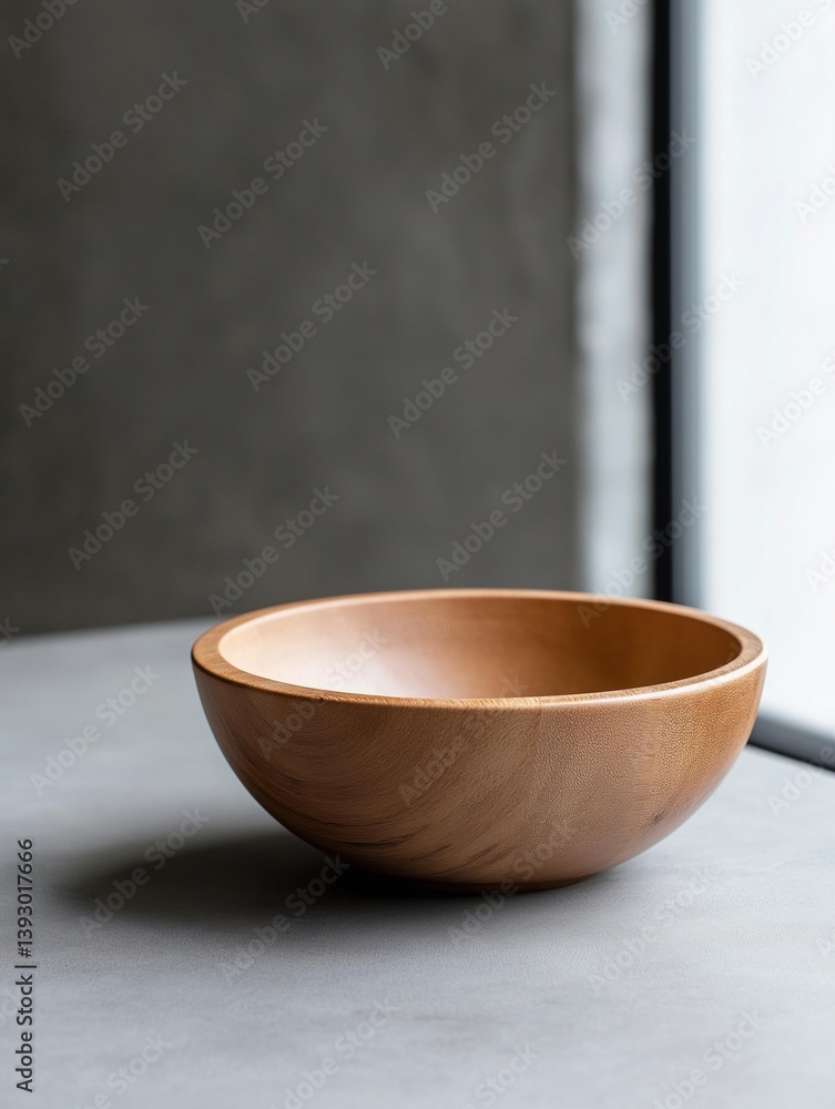 Close-up of a wooden bowl on a grey surface. the bowl is round and has a smooth, polished finish. it appears to be empty and is placed in front of a gray wall with a window on the right side. Close-up of a wooden bowl on a grey surface. the bowl is round and has a smooth, polished finish. it appears to be empty and is placed in front of a gray wall with a window on the right side.