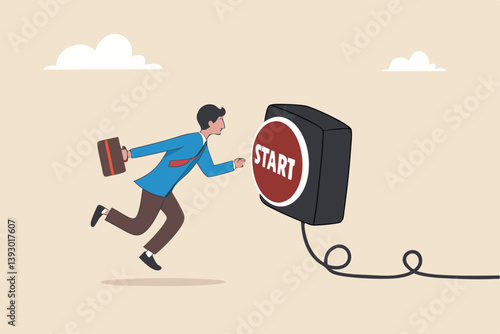 Push start button to start new business, entrepreneur to begin new company, startup to launch project, opportunity, decision to make or motivation concept, businessman run to push red start button.