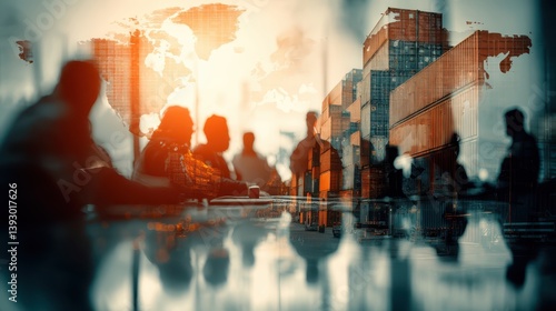 Tariff import negotiation concept. A blurred meeting scene overlaid with shipping containers and a world map, suggesting global business and collaboration in a dynamic environment.