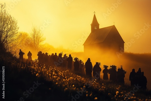 Misty morning light frames church as parishioners gather with fresh spring flowers photo