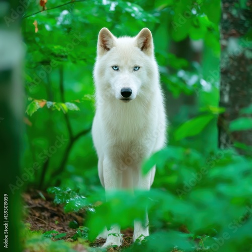 Majestic Dire Wolf Staring Intently Amidst Lush Green Forest