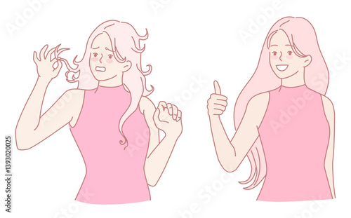 A young woman is confidently showcasing playful expressions while flaunting her beautiful long hair stylishly