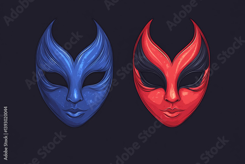 Creative mask designs in contrasting colors, showcasing vibrant blue and red aesthetics for cultural theme events photo
