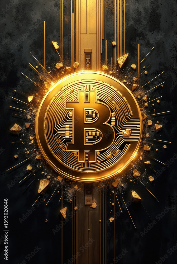 golden Bitcoin coin on a dark textured background