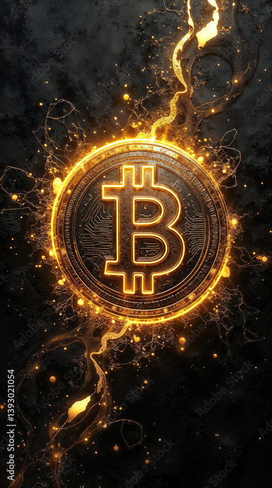 golden Bitcoin coin on a dark textured background