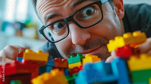 Excited man playing with colorful building blocks eyes wide with playful concentration and amusement.