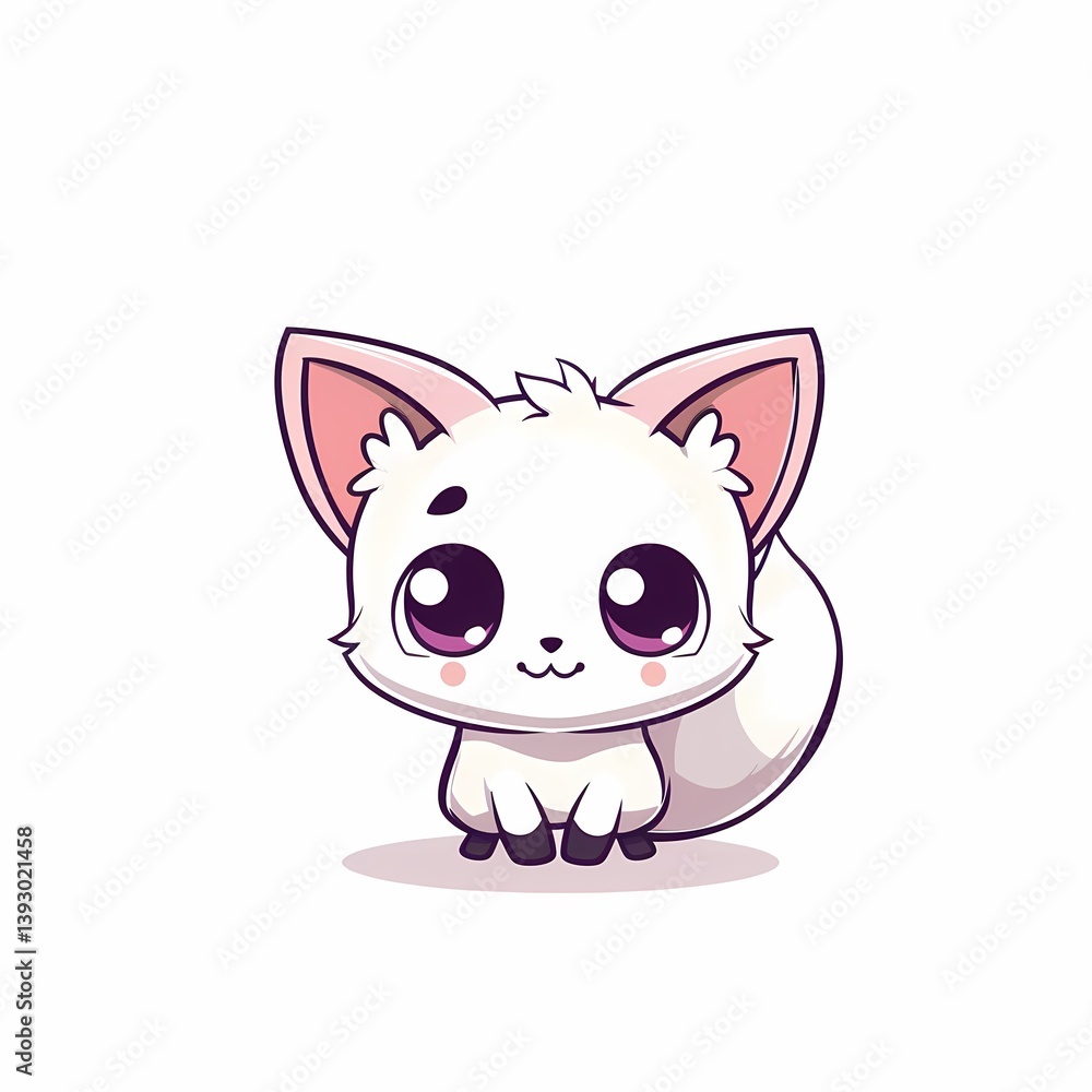 Adorable cartoon cat with large eyes fluffy white fur pink ears set on minimal white background cute kawaii style Adorable cartoon cat with large eyes fluffy white fur pink ears set on minimal white background cute kawaii style