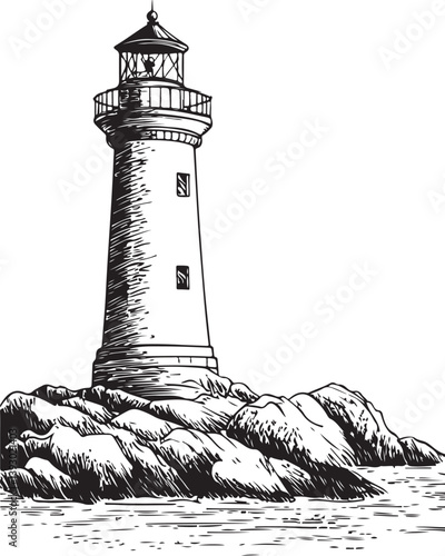Lighthouse engraving style vector illustration