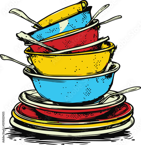 Dirty dishes comic book style vector illustration