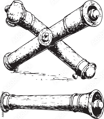 Vintage cannons and cores engraving style vector