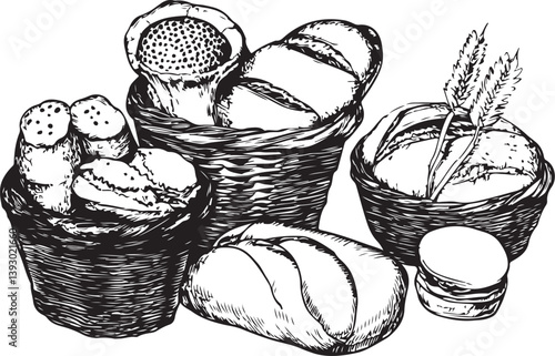 Bakery products engraving style vector