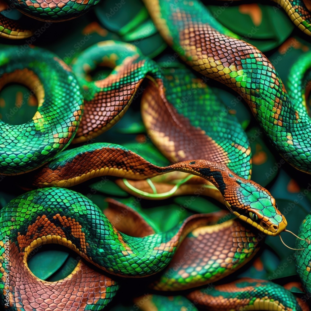 Fototapeta premium Green Brown Snakes Seamless Pattern Background. Reptile texture, repeating nature theme. Animal skin design, serpent abstract wallpaper.