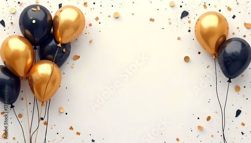 Celebration, festival background with helium balloons. Greeting banner or poster with gold and black realistic 3d vector flying balloons. Celebrate a birthday poster. Happy anniversary card.