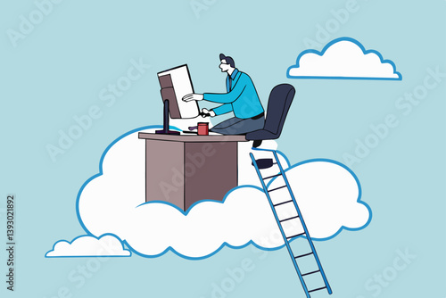 Dream job or ideal work, perfect workplace or career success, opportunity for best job, promotion or aspiration concept, success businessman working dream job on his desk on the cloud with ladder.