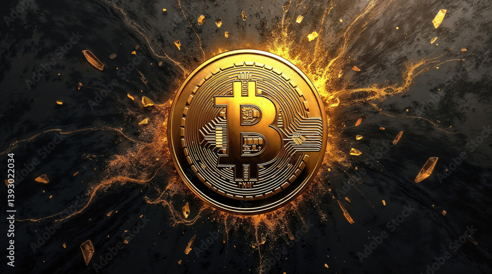 golden Bitcoin coin on a dark textured background