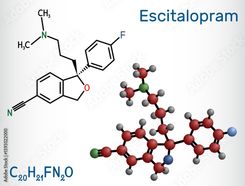 Escitalopram, S -citalopram molecule. Antidepressant medication of the selective serotonin reuptake inhibitor SSRI.