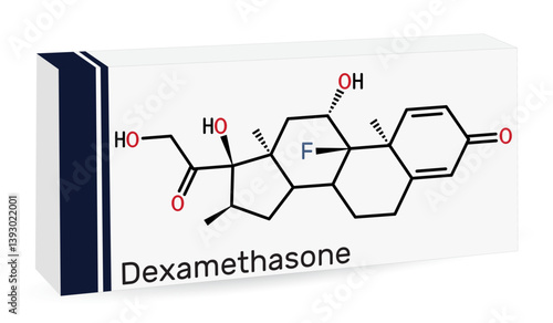Dexamethasone molecule chemical structure. Corticosteroid medication. Paper packaging for drugs. Vector illustration