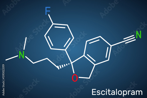 Escitalopram, S -citalopram molecule. Antidepressant medication of the selective serotonin reuptake inhibitor SSRI. Dark blue background