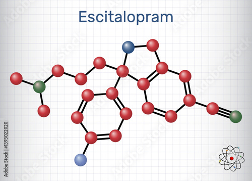 Escitalopram, S -citalopram molecule. Antidepressant medication of the selective serotonin reuptake inhibitor SSRI. Sheet of paper in a cage
