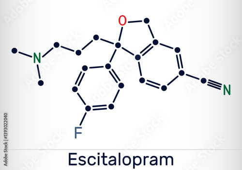 Escitalopram, S -citalopram molecule. Antidepressant medication of the selective serotonin reuptake inhibitor SSRI. Vector scientific illustration