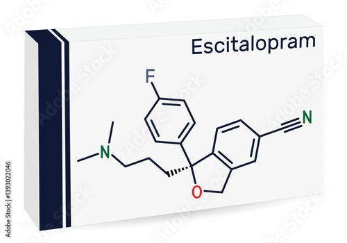 Escitalopram, S -citalopram molecule. Antidepressant medication, selective serotonin reuptake inhibitor SSRI. Skeletal chemical formula. Paper packaging for drugs