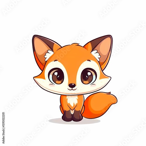 Cute cartoon fox with big eyes, orange fur, whimsical style, ideal for kids' illustrations and playful designs.