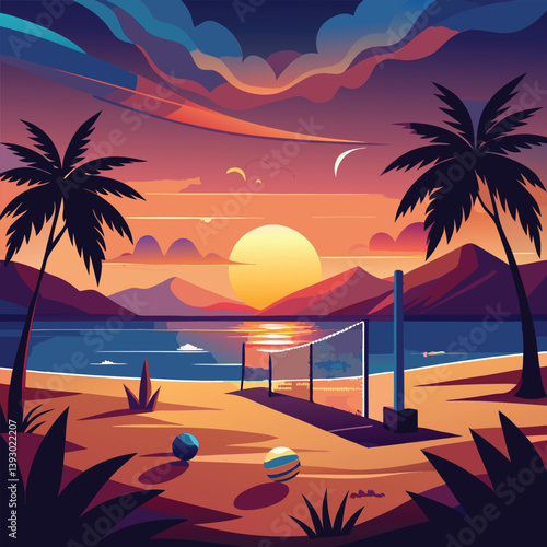 a beautiful sunset with a game of volleyball down.