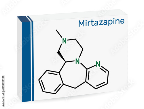 Mirtazapine  molecule. Tetracyclic antidepressant. Skeletal chemical formula. Paper packaging for drugs